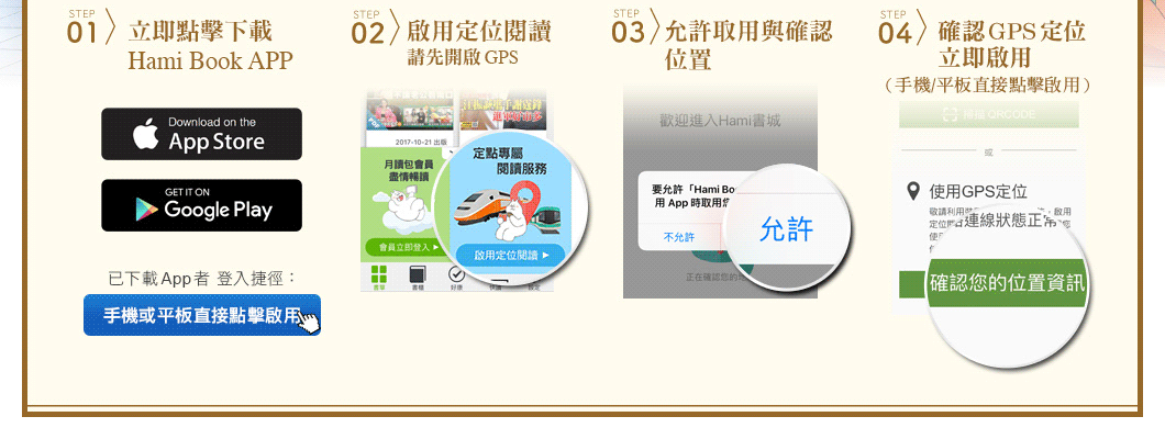 1.點擊下載 Hami Book APP  2.啟用定位閱讀 3.允許取用與確認位置  4.點擊或掃描行動條碼立即啟用 